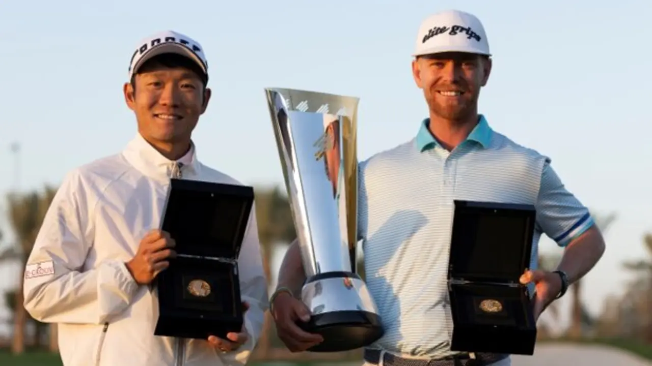 Yosuke Asaji of Japan and Scott Vincent of Zimbabwe during the trophy and LIV Golf League coin presentation at the 2025 PIF Saudi International powered by SoftBank Investment Advisers at Riyadh Golf Club - &copy; Asian Tour.