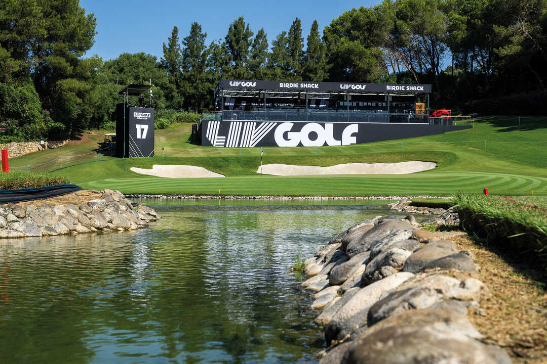 A general view of the 17th hole during the practice round before the start of LIV Golf Andalucía at Real Club Valderrama on Tuesday, July 08, 2025 in San Roque, Spain. (Photo by Charles Laberge/LIV Golf)